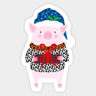 Christmas Pig Holiday Cute Piglet with Gift wearing Blue Santa Hat and Leopard Print Sticker